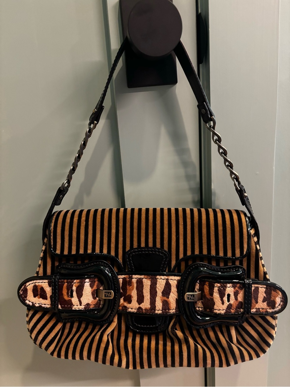 FENDI Pony Hair Stripe Leopard Baguette Shoulder Bag Patent Leather Rare - Picture 8 of 16